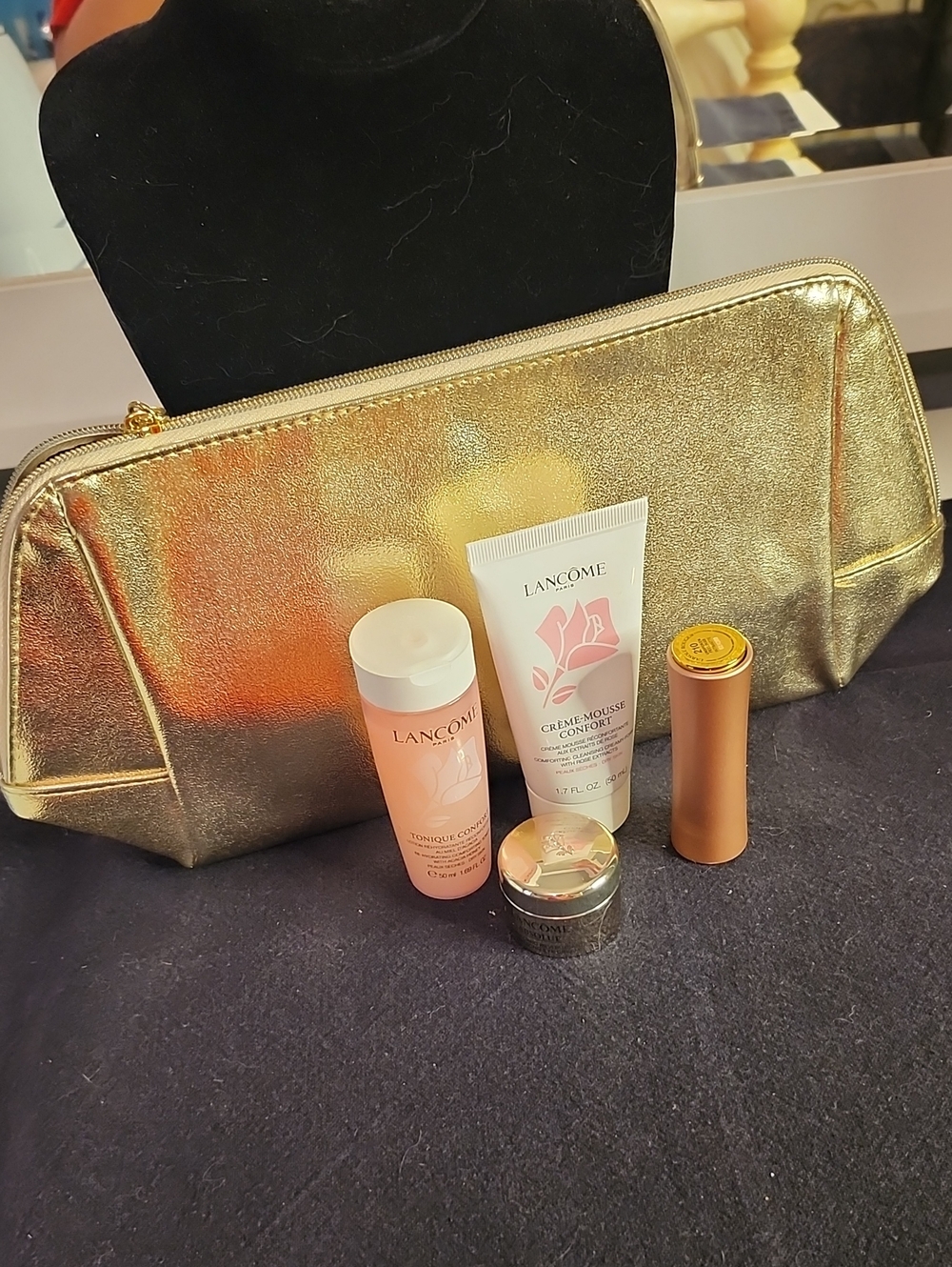 Gold Lancome Makeup Bag With Lipstick & Skincare Travel Set